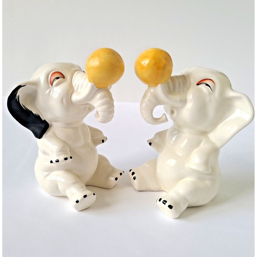 Crown Devon Circus Elephant Figurine Pair Art Deco English Pottery Vtg Whimsical